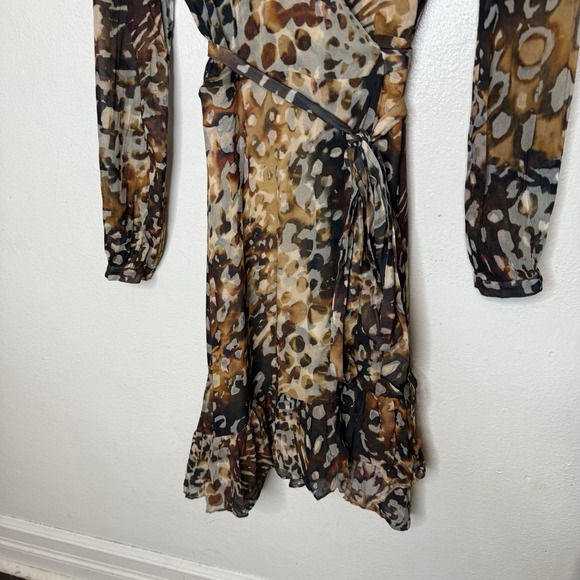Massimo Dutti Animal Print Brown Leopard Long Sleeve Wrap Dress Women's‎ US 6 - Picture 3 of 9